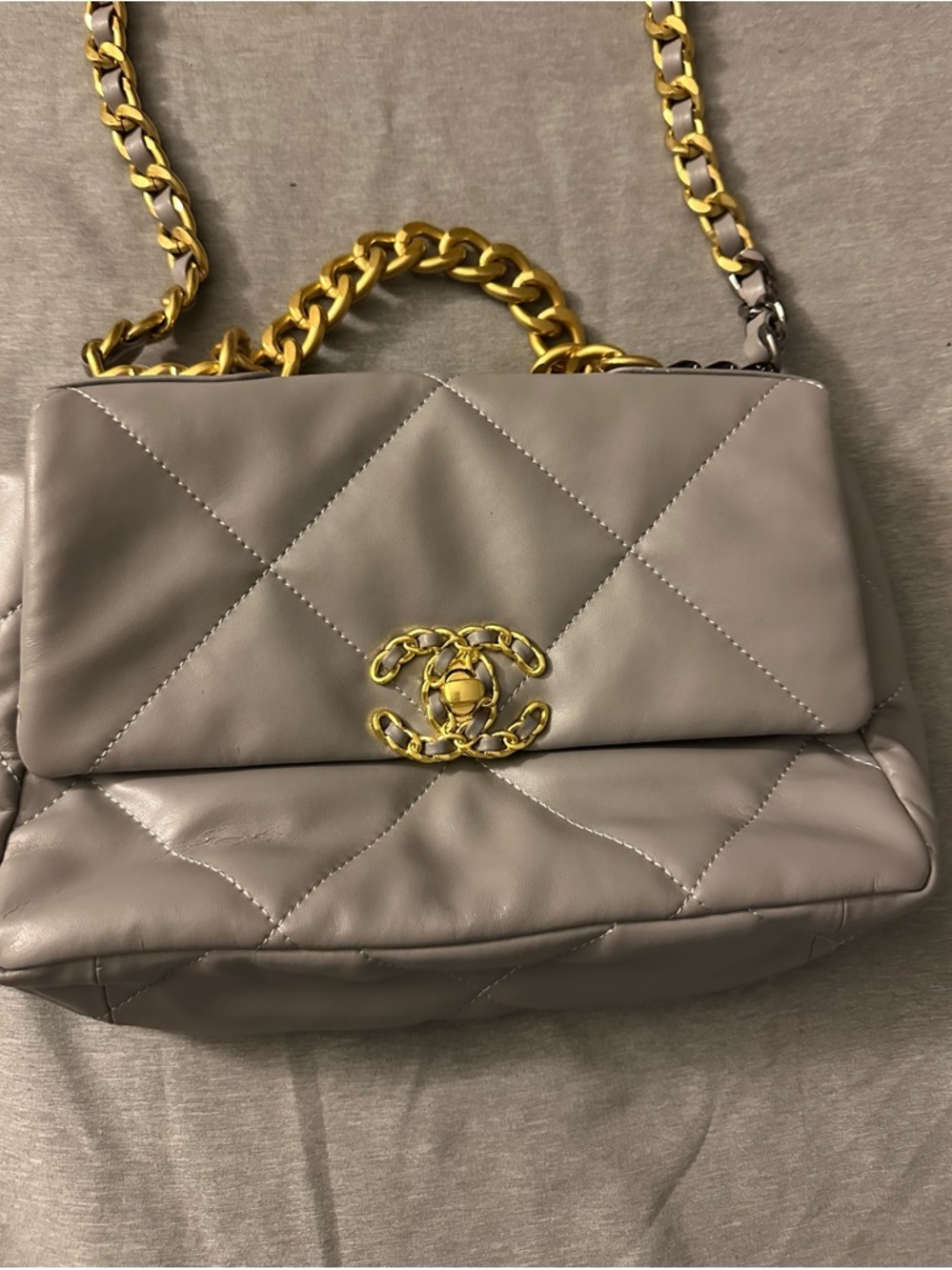 Gray Quilted Shoulder Bag with Gold Chain Accent